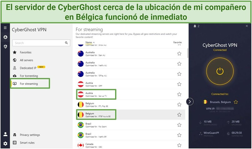 Screenshot of the CyberGhost interface showing its streaming-optimized servers, including the ServusTV and RTBF servers