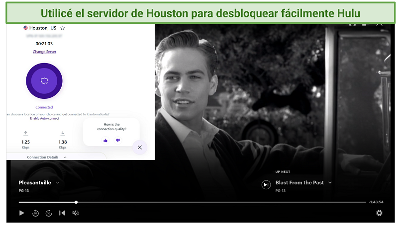 Screenshot of Hulu player streaming Pleasantville while connected to PureVPN 