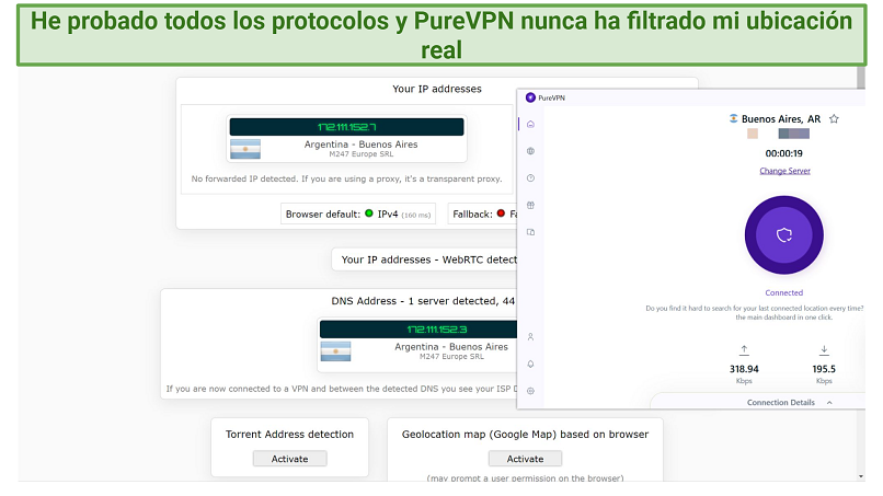 Screenshot of leak test performed on ipleak.net while connected to PureVPN