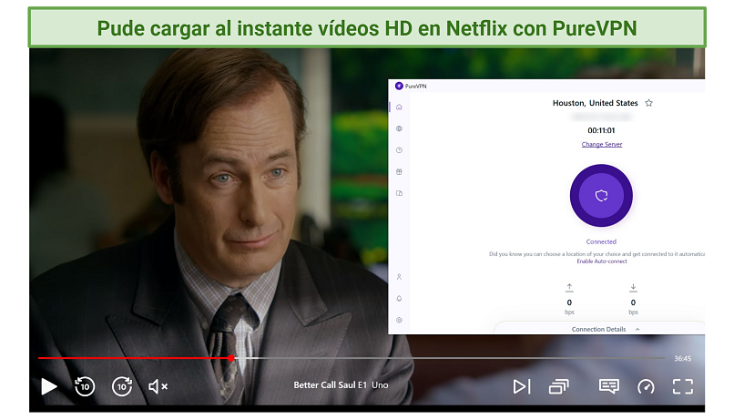 Screenshot of Netflix player streaming Better Call Saul while connected to PureVPN 