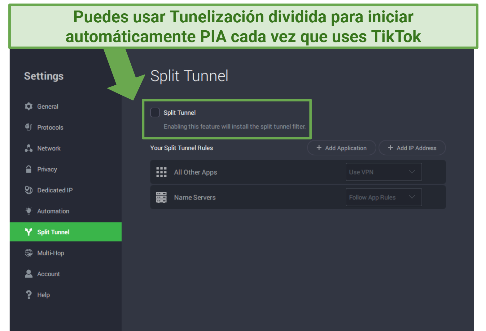A screenshot of how to find PIA's split tunneling feature within the Windows app