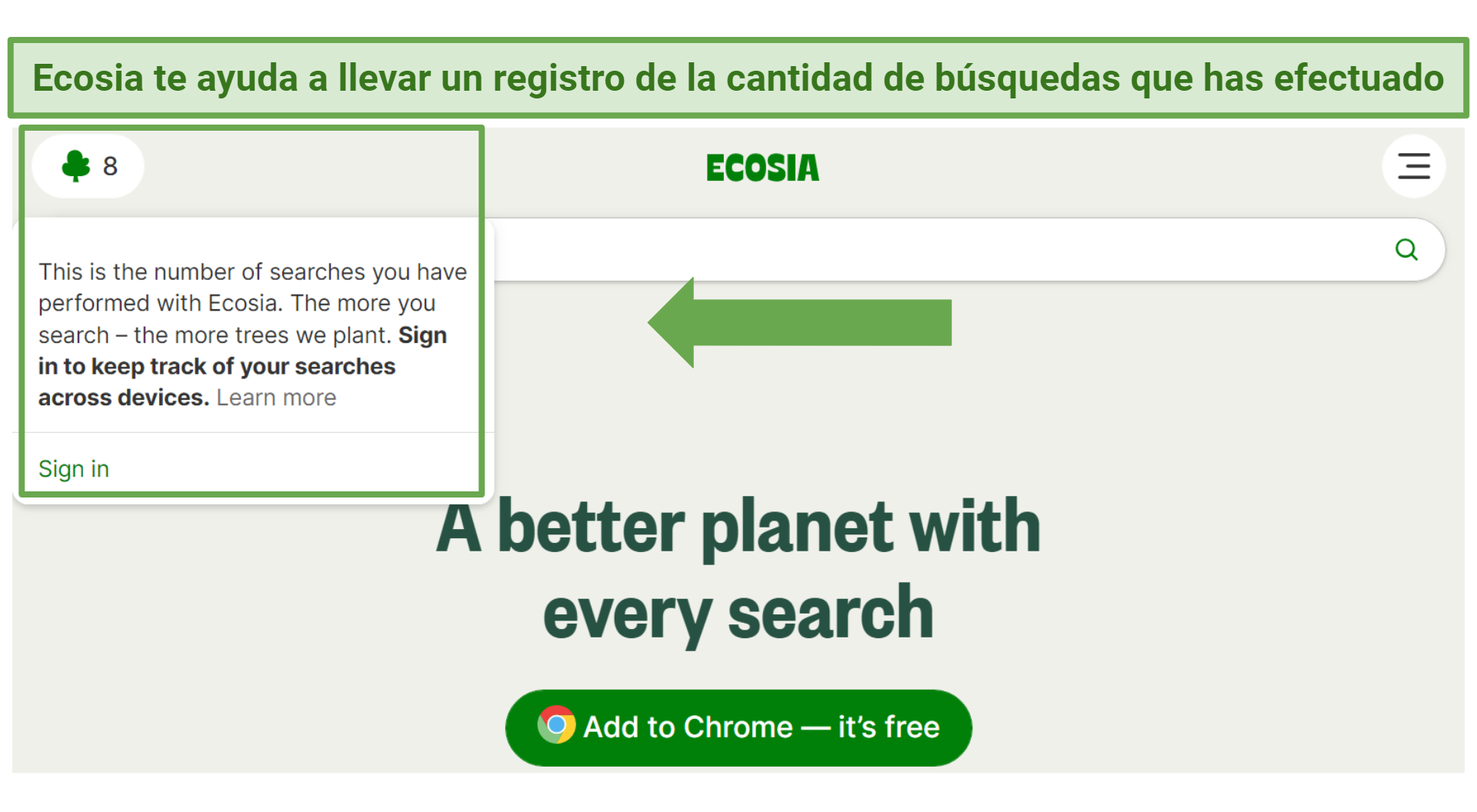 A screenshot of Ecosia's homepage where it keeps track of the number of your searches which helps plant trees