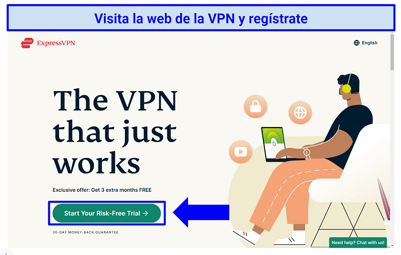 Screenshot of ExpressVPN's official website homepage with a sign-up button