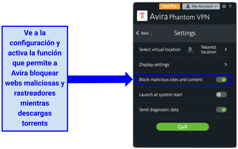 A screenshot of the free Mac version of the Avira Phantom VPN app showing how to enable the malicious site blocker in the Settings