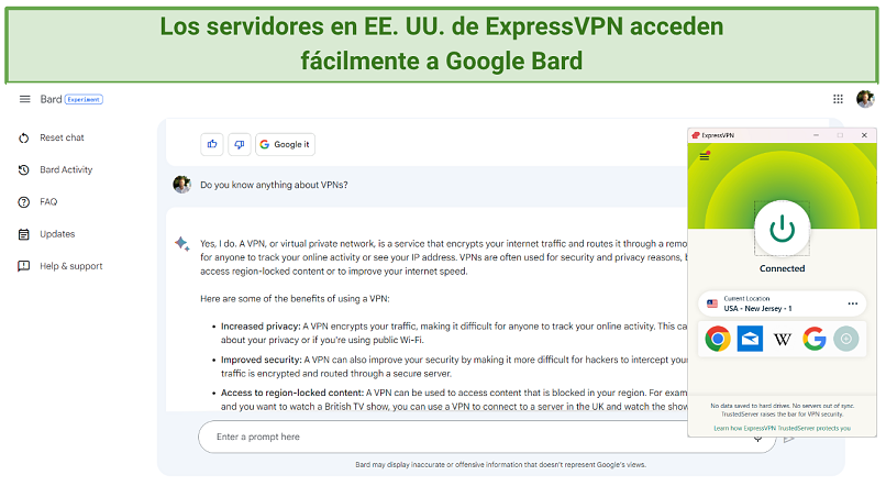 Screenshot of ExpressVPN successfully unblocking Google Bard