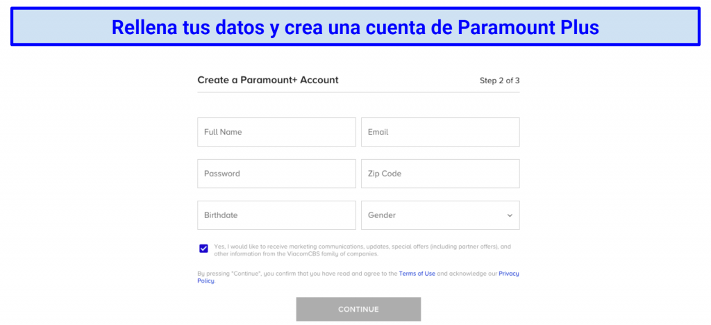 a screenshot of a Paramount+ account creation page