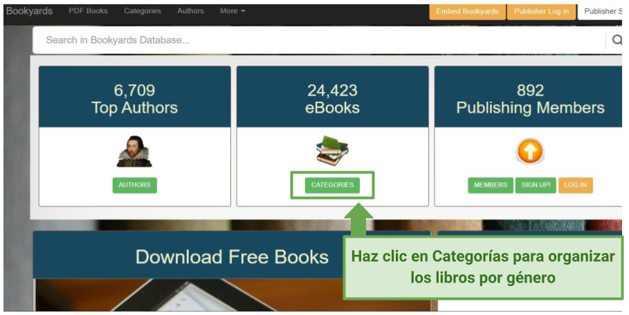 A screenshot of Bookyards ebooks homepage