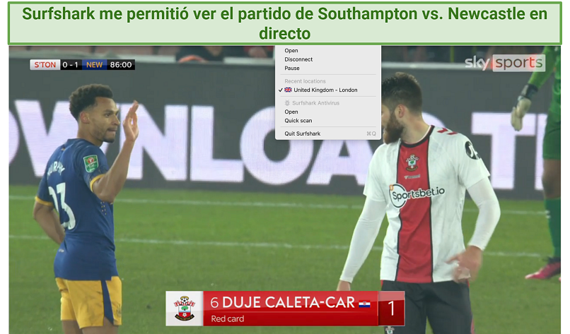 A screenshot of streaming Carabao Cup semi-final Southampton vs. Newcastle using Surfshark's UK London server