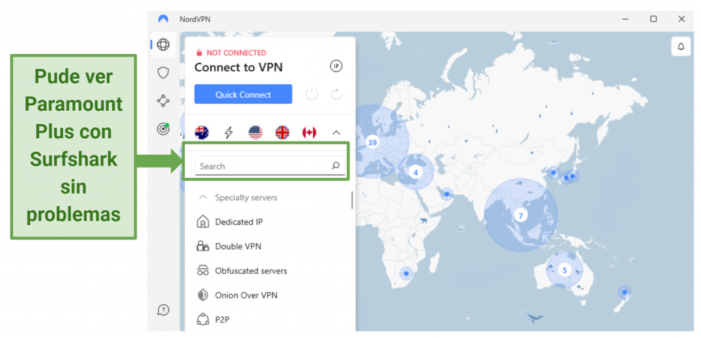a screenshot of NordVPN's interface, with the map of available VPN servers