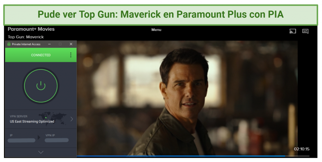 a screenshot of Top gun: Maverick on Paramount+, with Private Internet Access VPN connected to a US East streaming optimized server