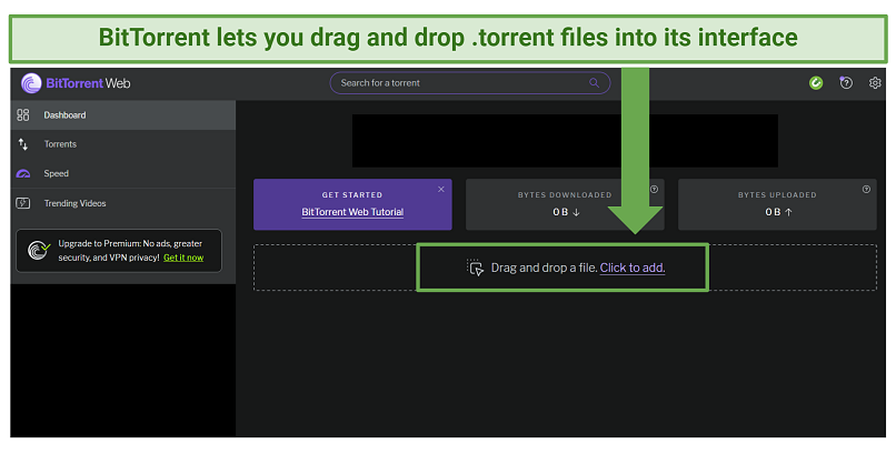 A screenshot showing BitTorrent's web version comes with a built-in drag-and-drop feature.