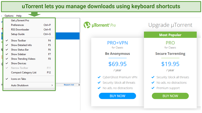A screenshot showing uTorrent supports several keyboard shortcuts