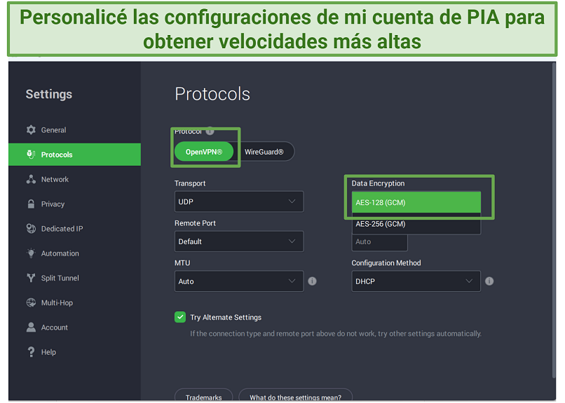 Una captura de pantalla mostrando los protocolos de seguridad personalizables de PIA