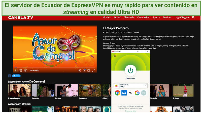 A screenshot showing Amor de Carnaval playing while connected to ExpressVPN's Ecuador server