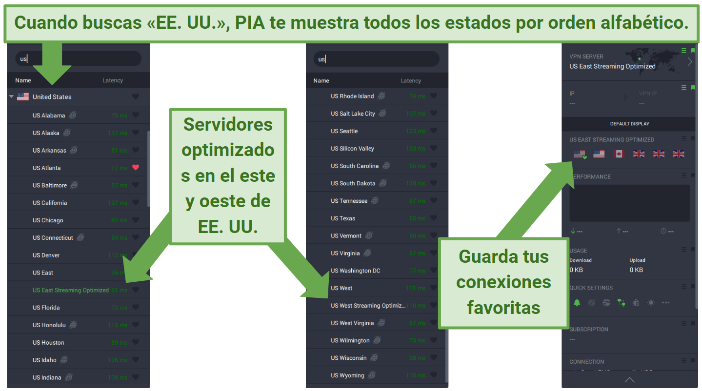 Screenshots of PIA's PC app displaying its US servers