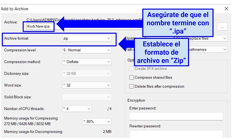 A screenshot showing how to designate a filename for the IPA in 7-Zip and the archive format to select before transitioning from a Kodi DEB file to an IPA file