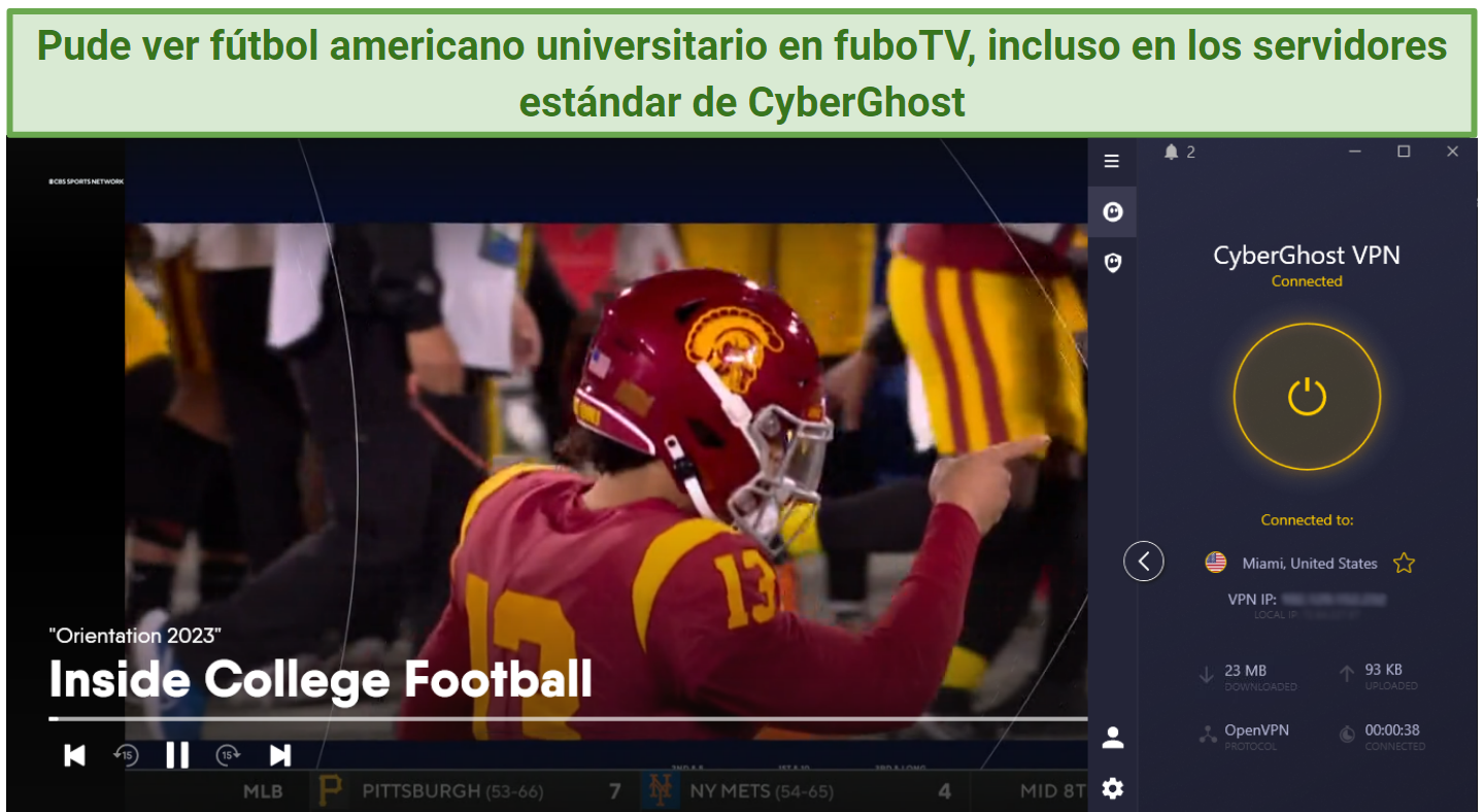 Screenshot of Inside College Football streaming on fuboTV while CyberGhost is connected to a server in Miami