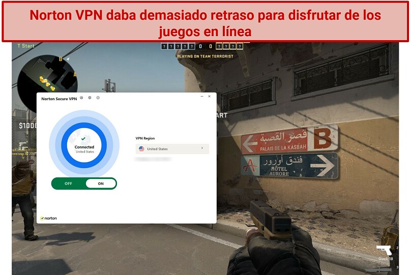 Screenshot of Steam running Counter-Strike: Global Offensive while connected to Norton VPN