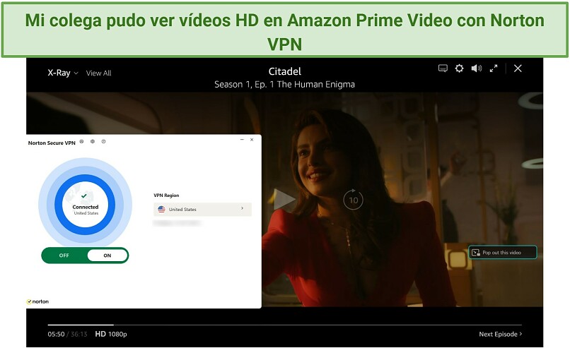 Screenshot of Amazon Prime Video player streaming Citadel while connected to Norton VPN's US server