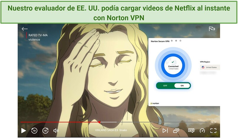 Screenshot of Netflix player streaming Vinland Saga while connected to Norton VPN's US server