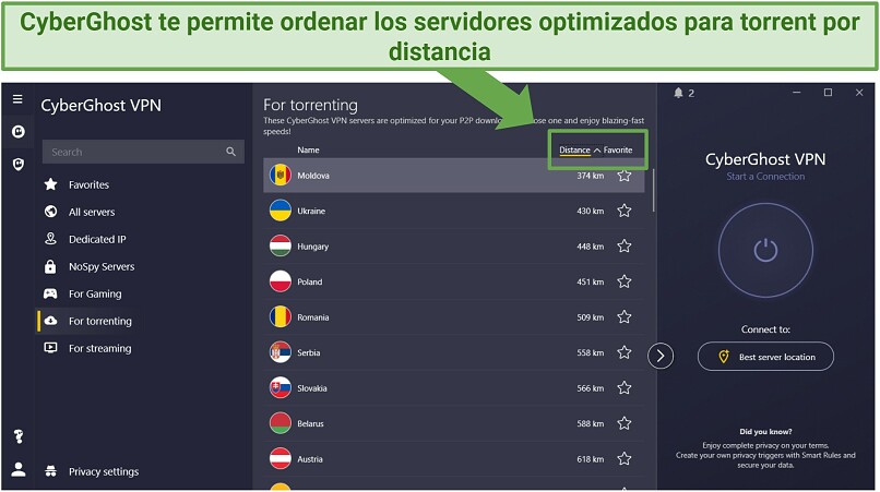 Screenshot of CyberGhost's app showing torrent-optimized servers