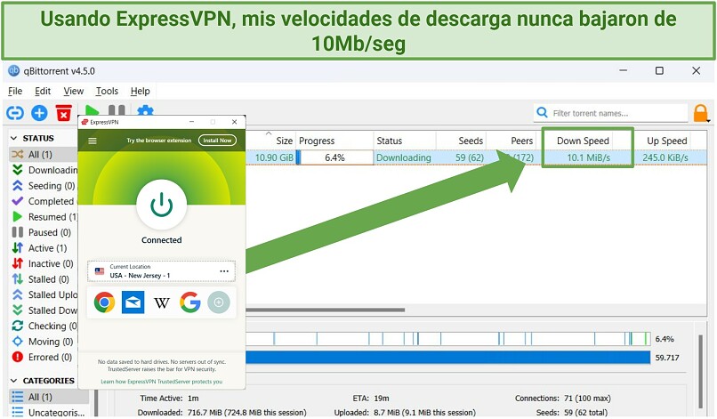 Screenshot of ExpressVPN's fast torrenting speeds