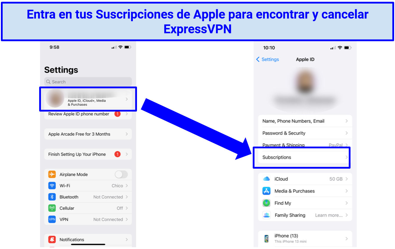 Screenshot showing steps of how to cancel ExpressVPN in Apple's App Store