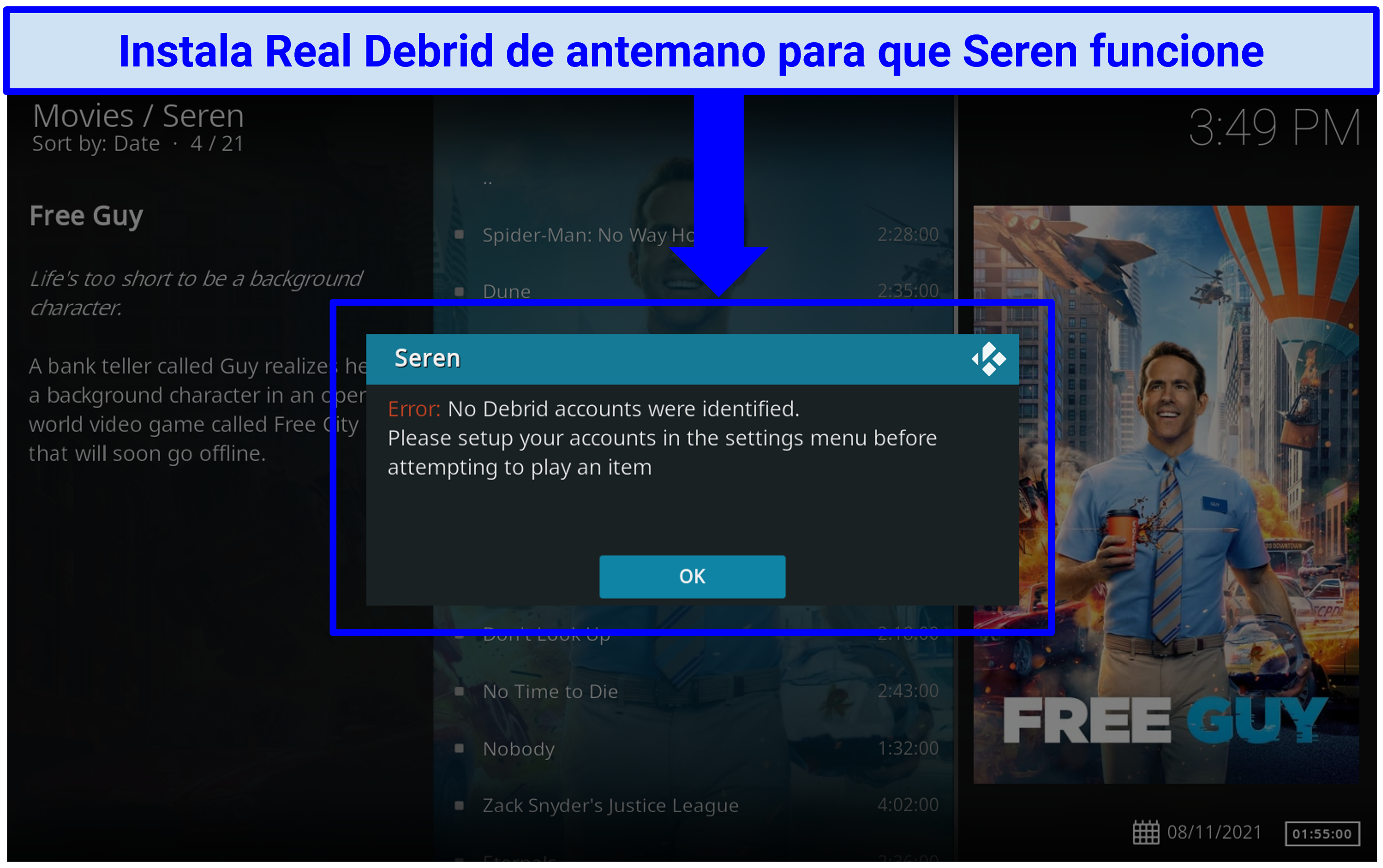 A screenshot showing Seren requires Real Debrid to work.