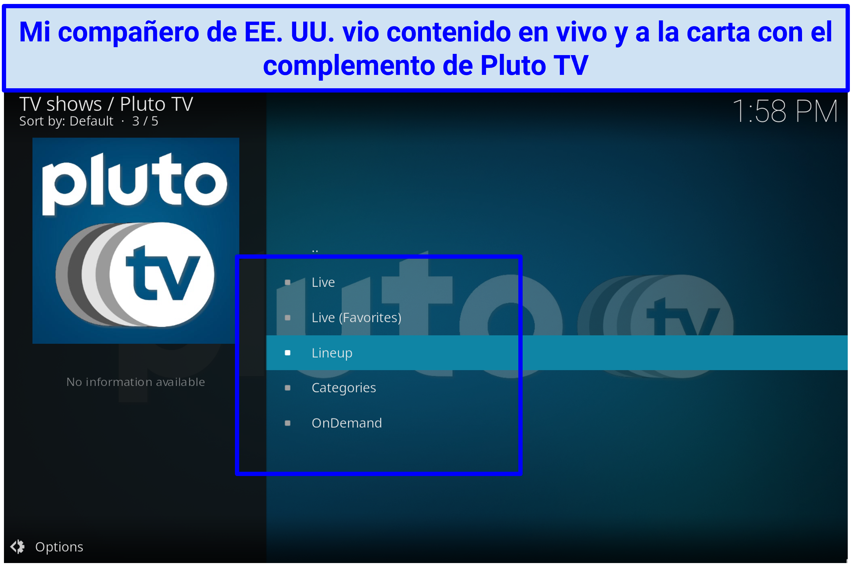 A screenshot showing the multi-category Pluto TV's addon