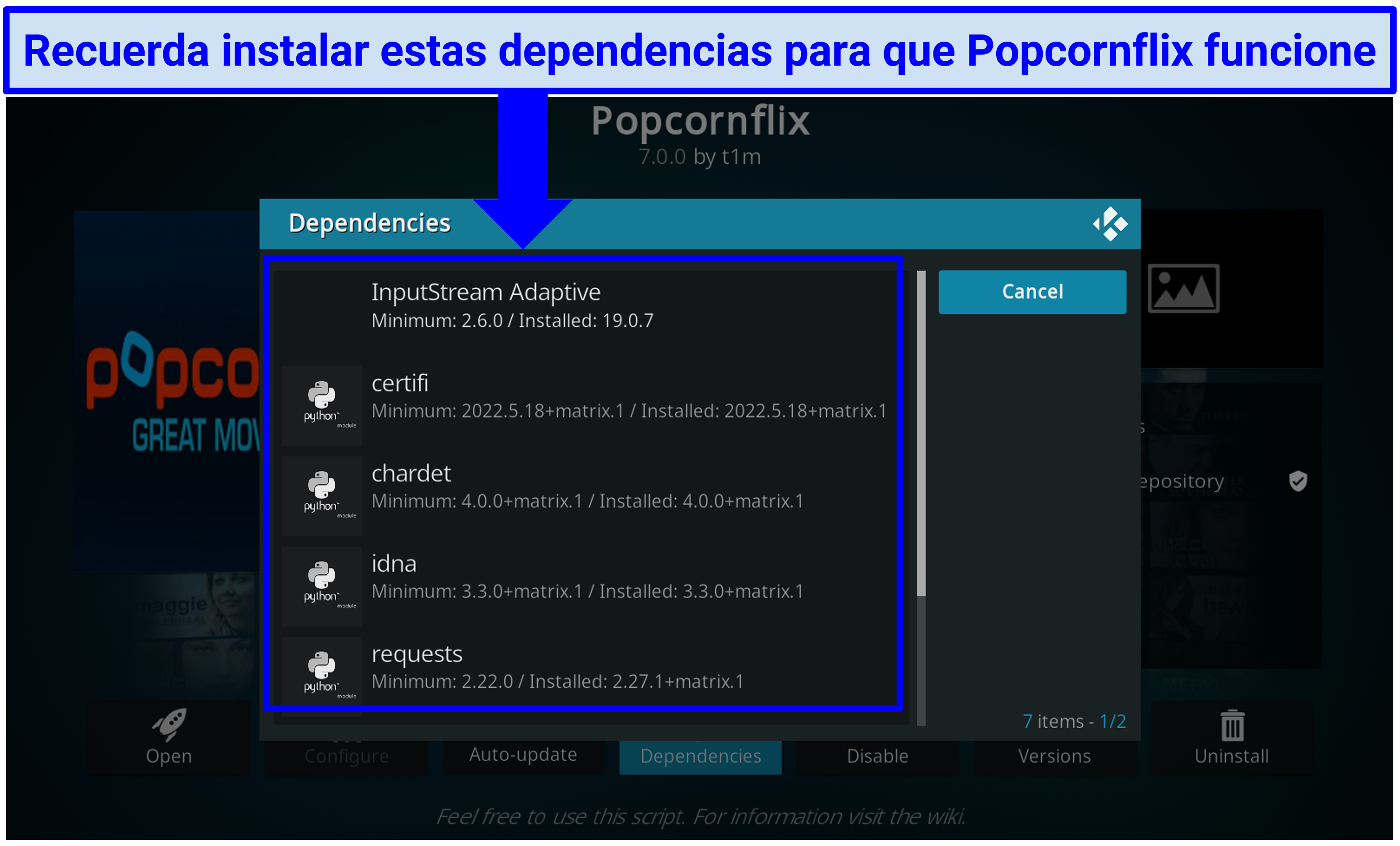 A screenshot showing you must install other dependencies for the Popcornflix addon to work