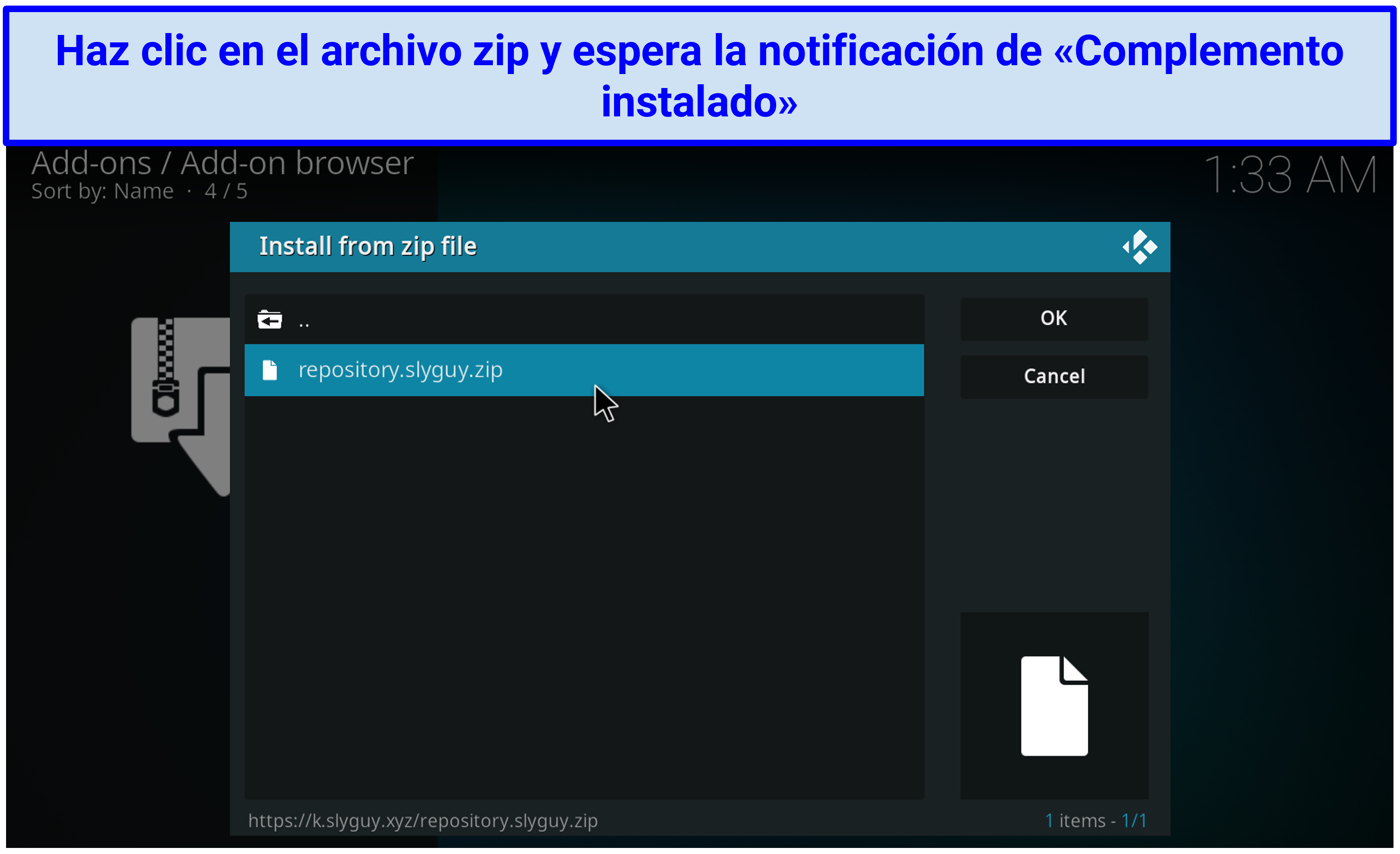 A screenshot showing the actual zip file to click to install a Kodi repository
