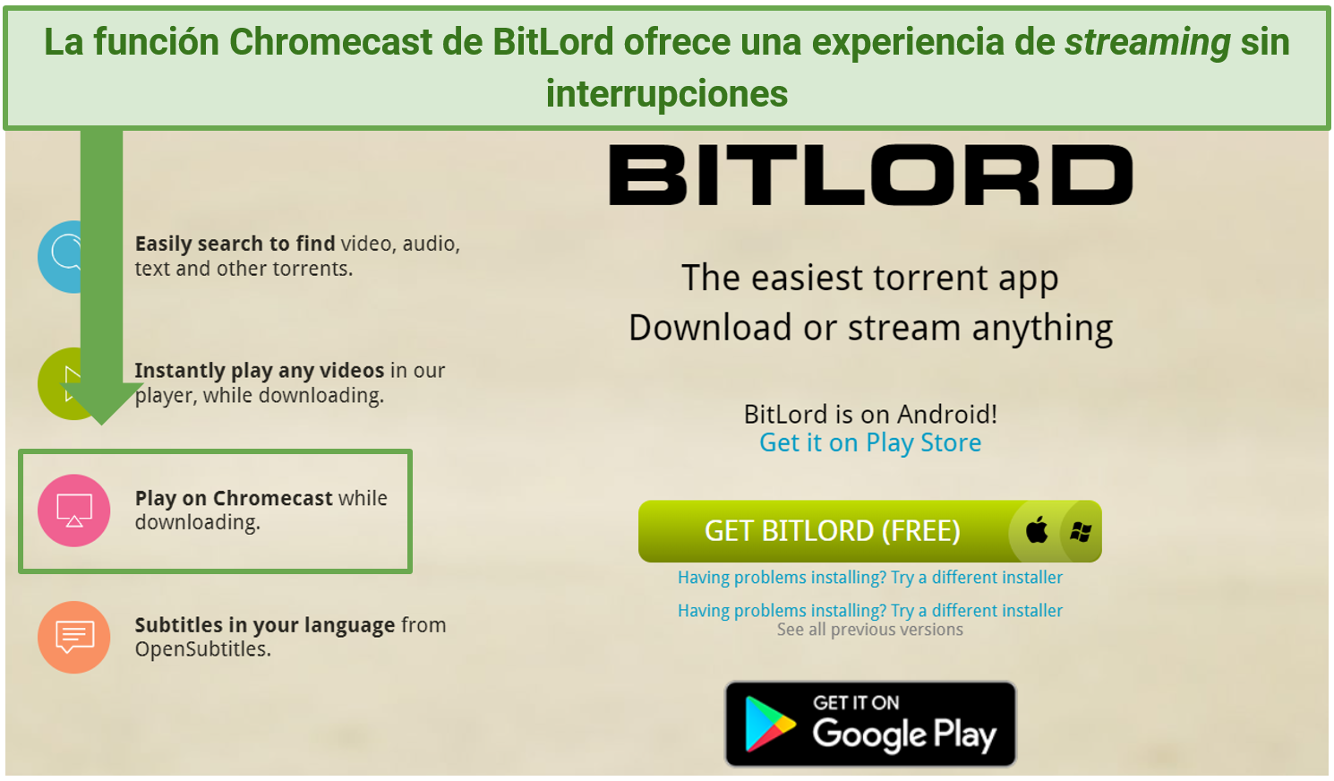 A screenshot showing BitLord's Play on Chromecast feature