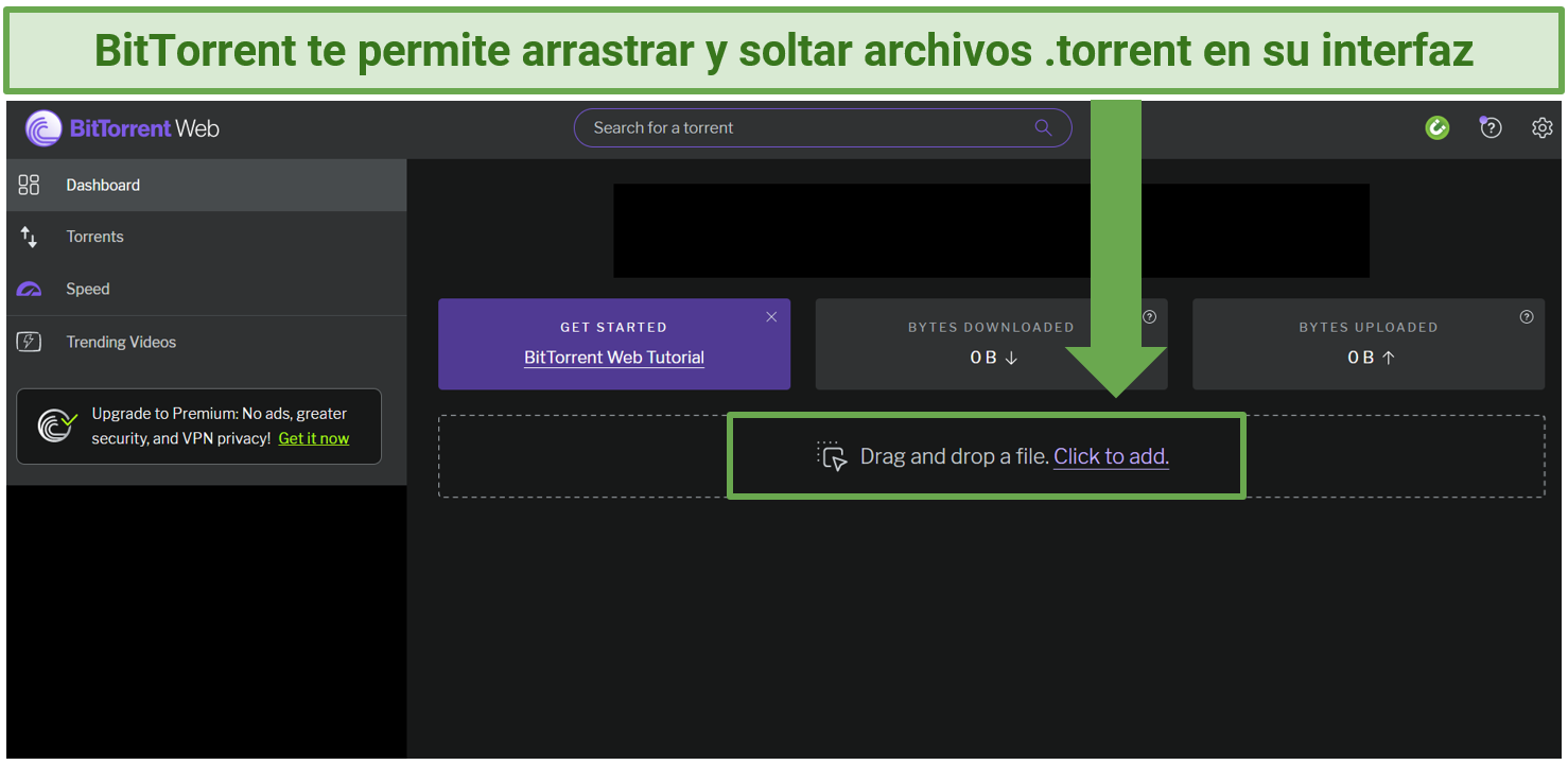 A screenshot showing BitTorrent's web version comes with a built-in drag-and-drop feature.