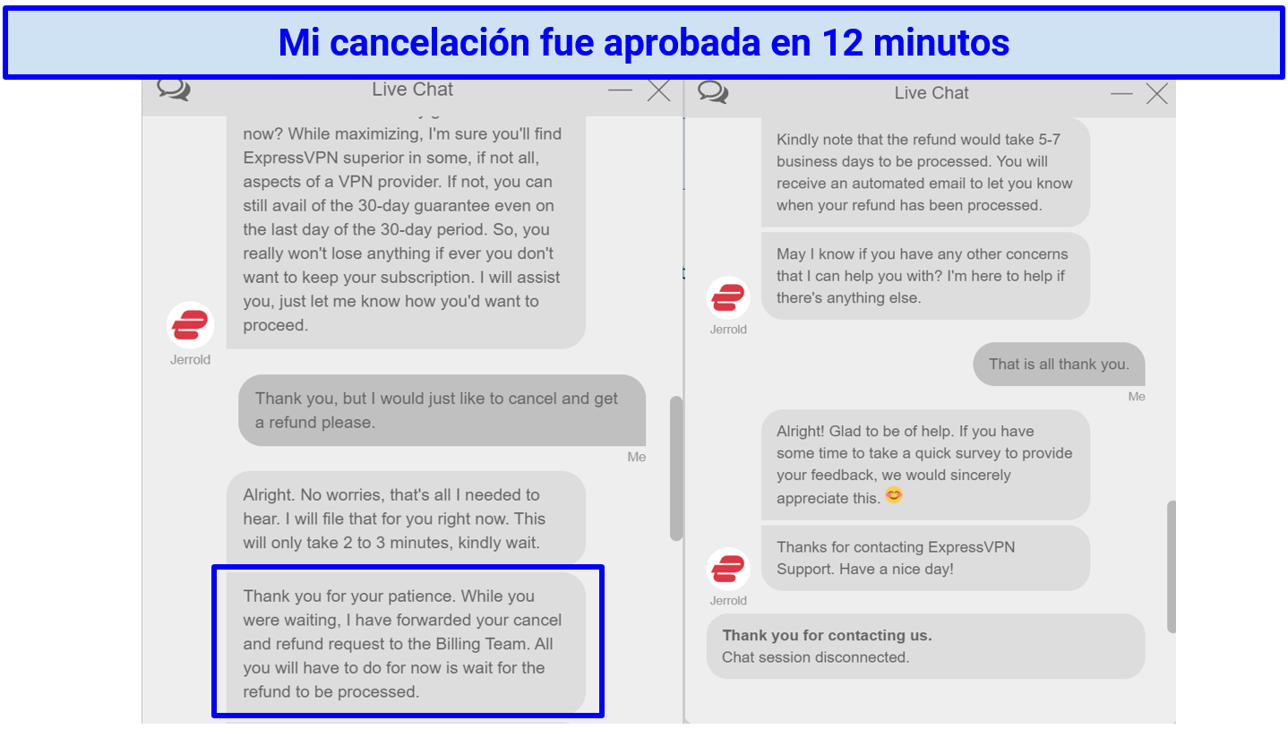 Screenshot of Live Chat with ExpressVPN where my cancellation is approved