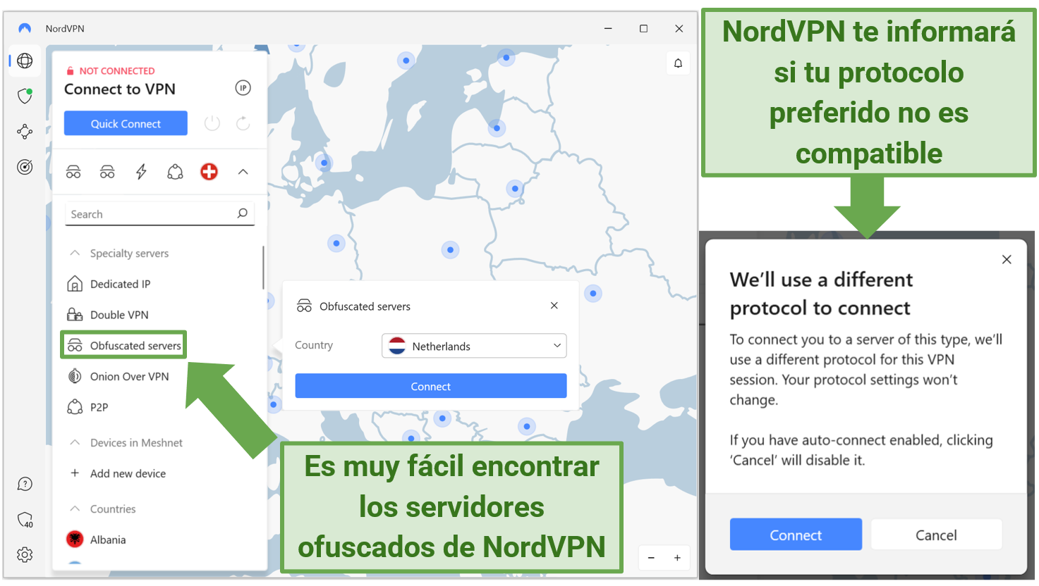 Screenshot showing how to connect to NordVPN's obfuscated servers