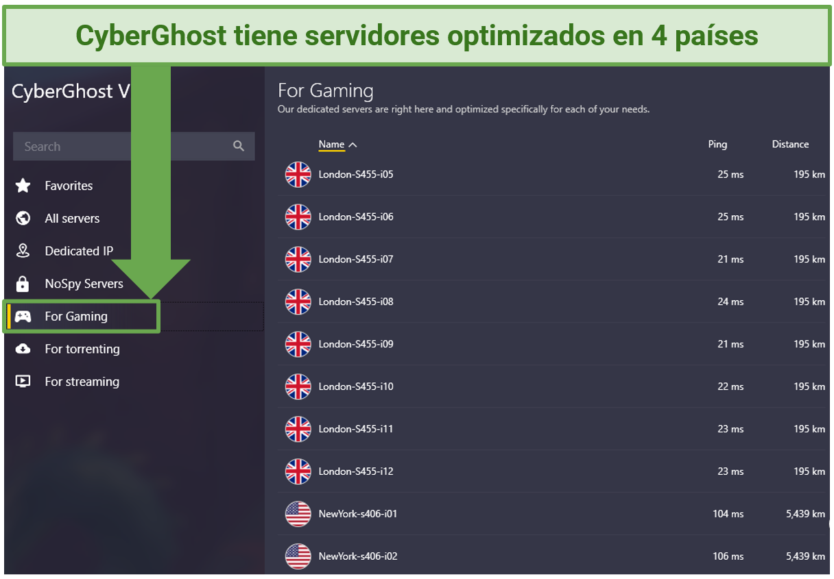 A screenshot showing CyberGhost's optimized gaming servers