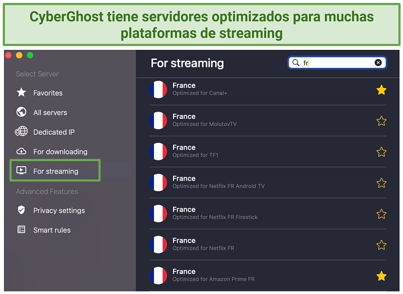 Captura de pantalla de servidores optimizados para streaming de CyberGhost