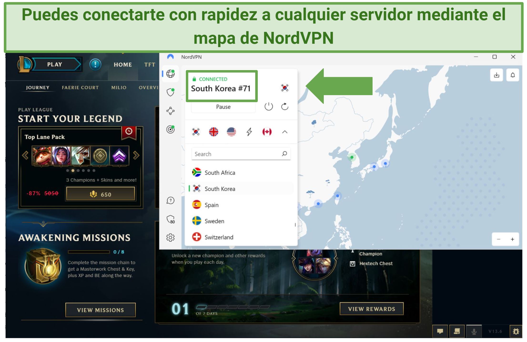 Screenshot of NordVPN's Windows app while playing League of Legends