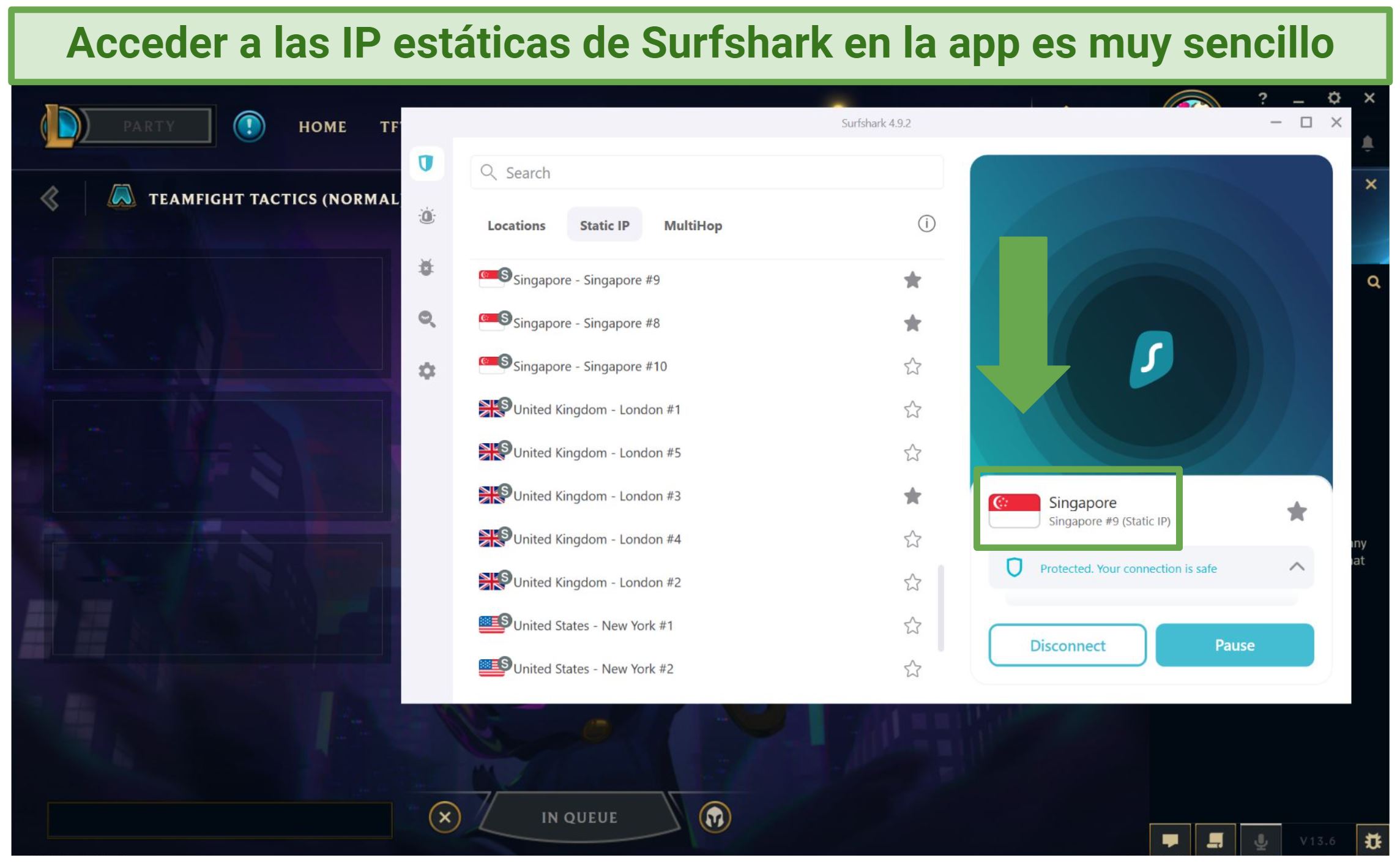 Screenshot of Surfshark's Windows app while playing League of Legends