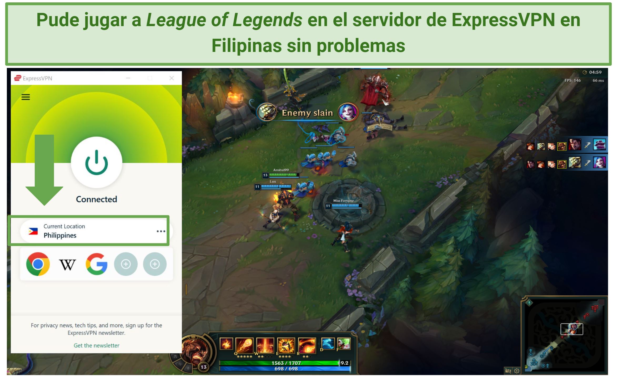 Screenshot of League of Legends being played with ExpressVPN connected to Philippines server
