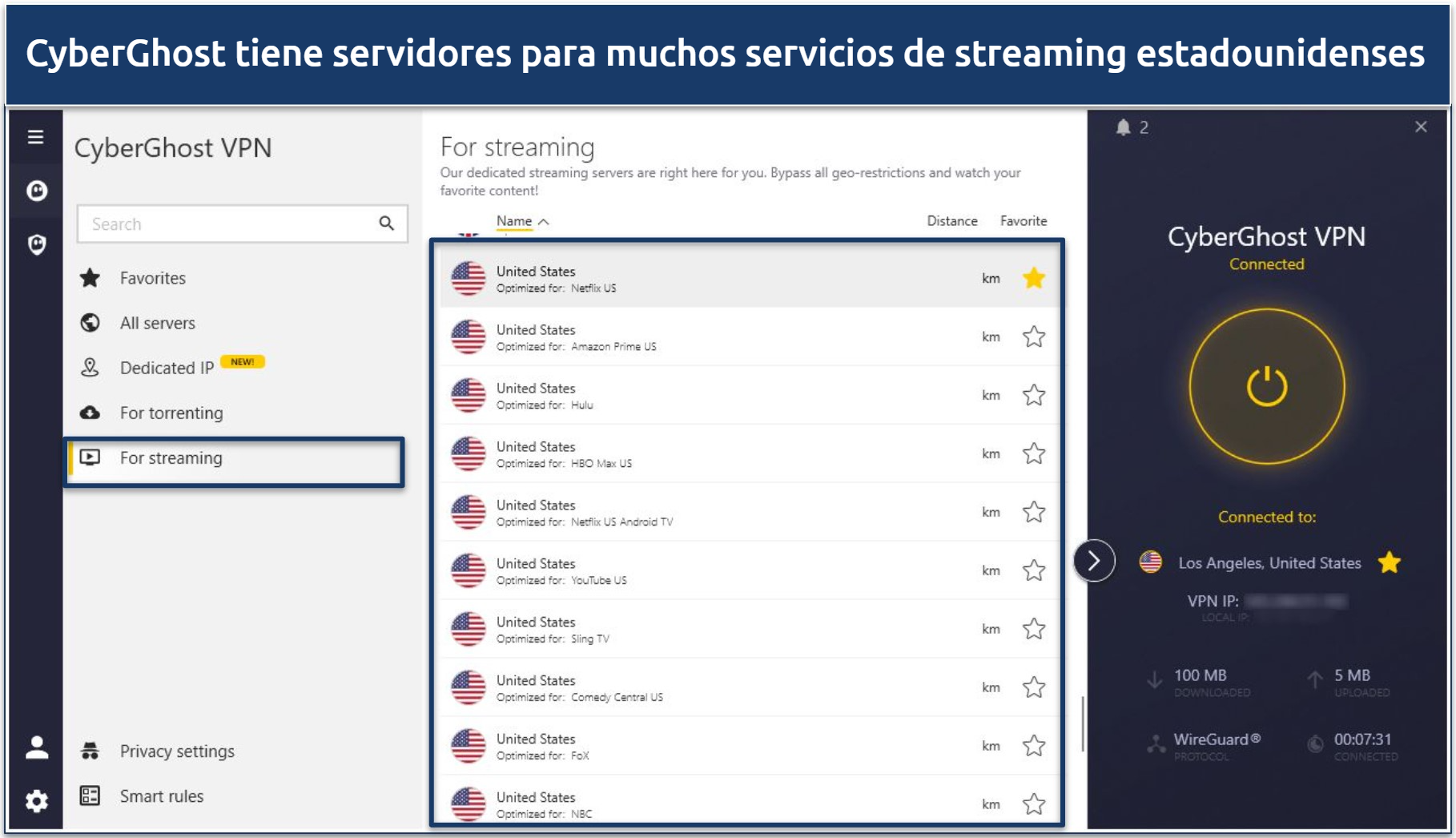 Screenshot of the CyberGhost Windows app showing its streaming optimized servers in the US