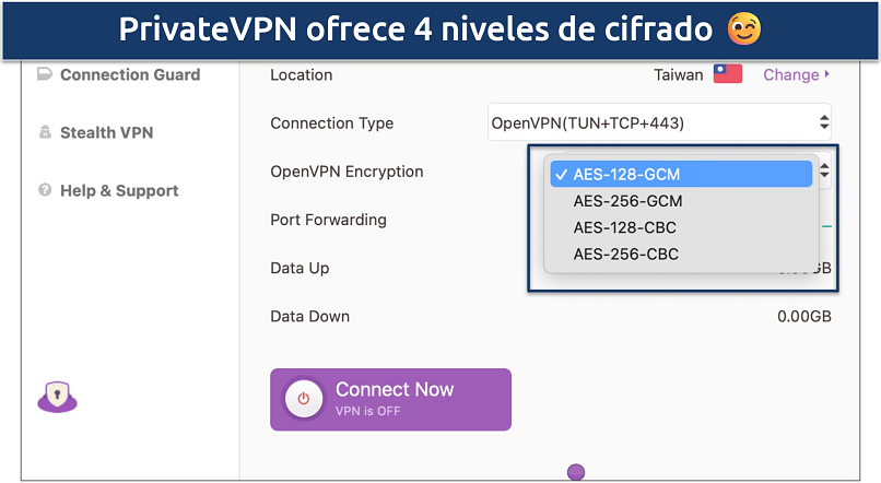 Captura de pantalla de los ajustes de seguridad personalizables de PrivateVPN