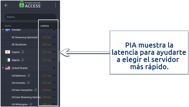 A screenshot showing Private Internet Access (PIA) makes it a breeze to choose a server for streaming with low latency.