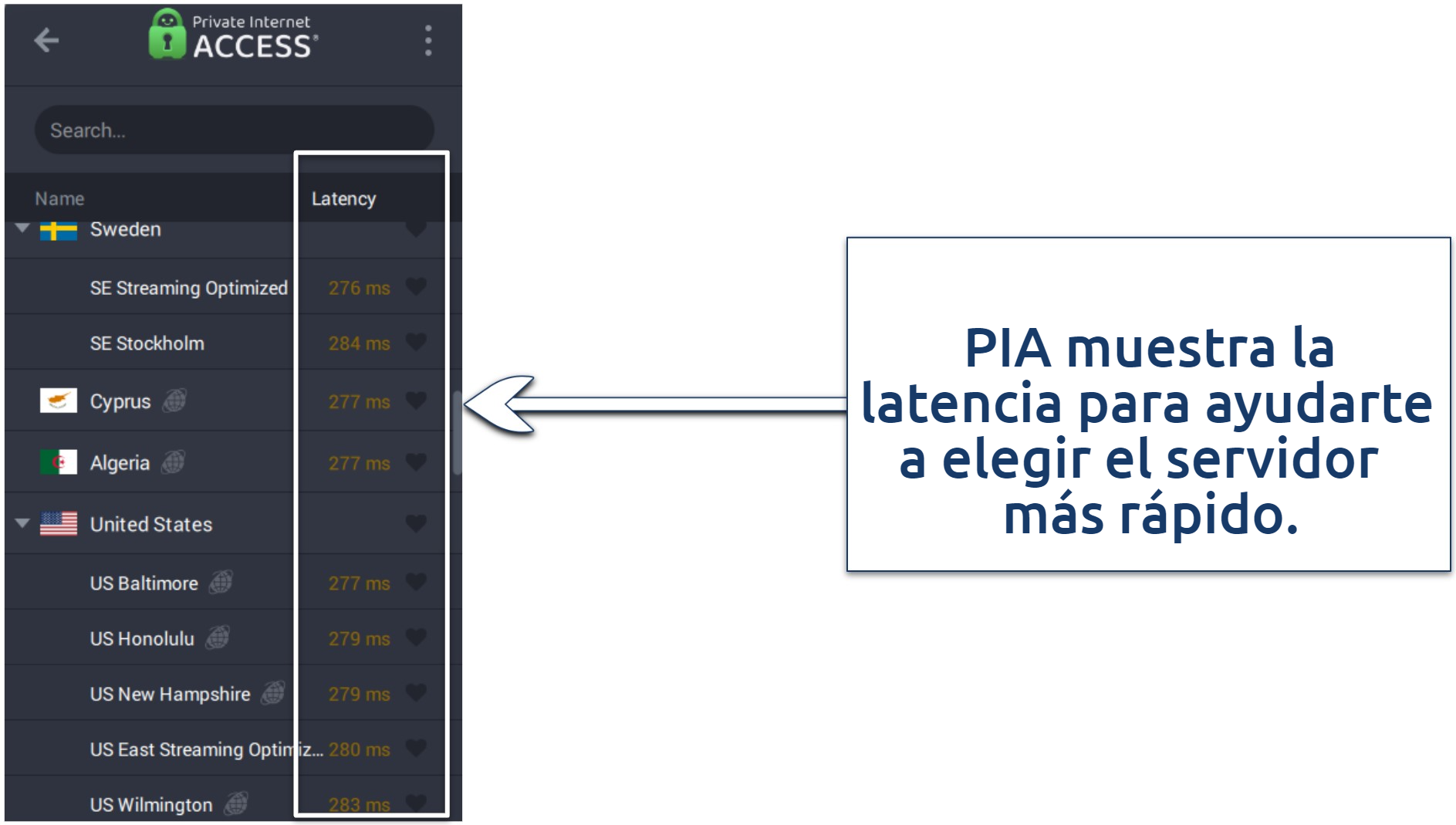 A screenshot showing Private Internet Access (PIA) makes it a breeze to choose a server for streaming with low latency.
