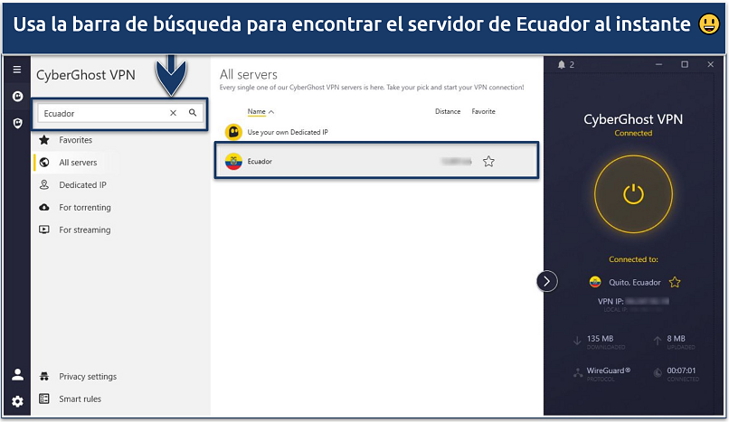 Screenshot of the CyberGhost interface showing how to quickly find the Ecuador server