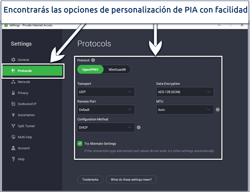 Screenshot of the PIA interface showing its connection customization options