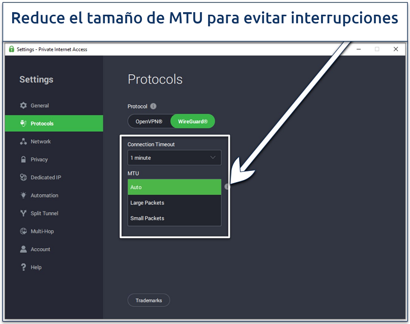Screenshot showing the MTU size selection option on PIA