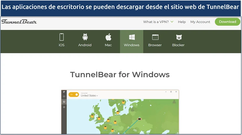 A screenshot showing TunnelBear's download page along with the compatible devices