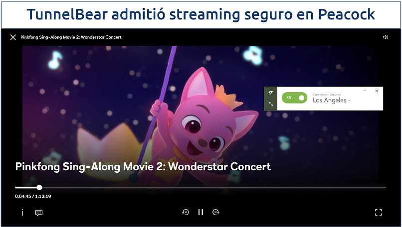 A screenshot of Peacock streaming Pinkfong Sing-Along Movie 2: Wonderstart Concert while connected to TunnelBear's US server