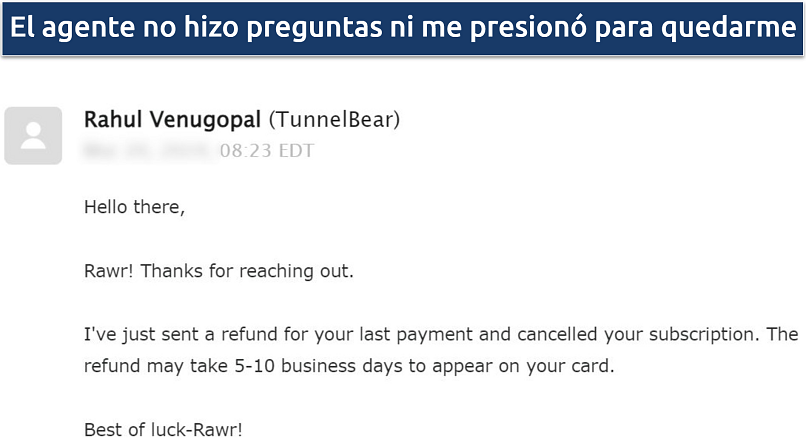 A screenshot showing TunnelBear offer refunds, albeit on a case-by-case basis